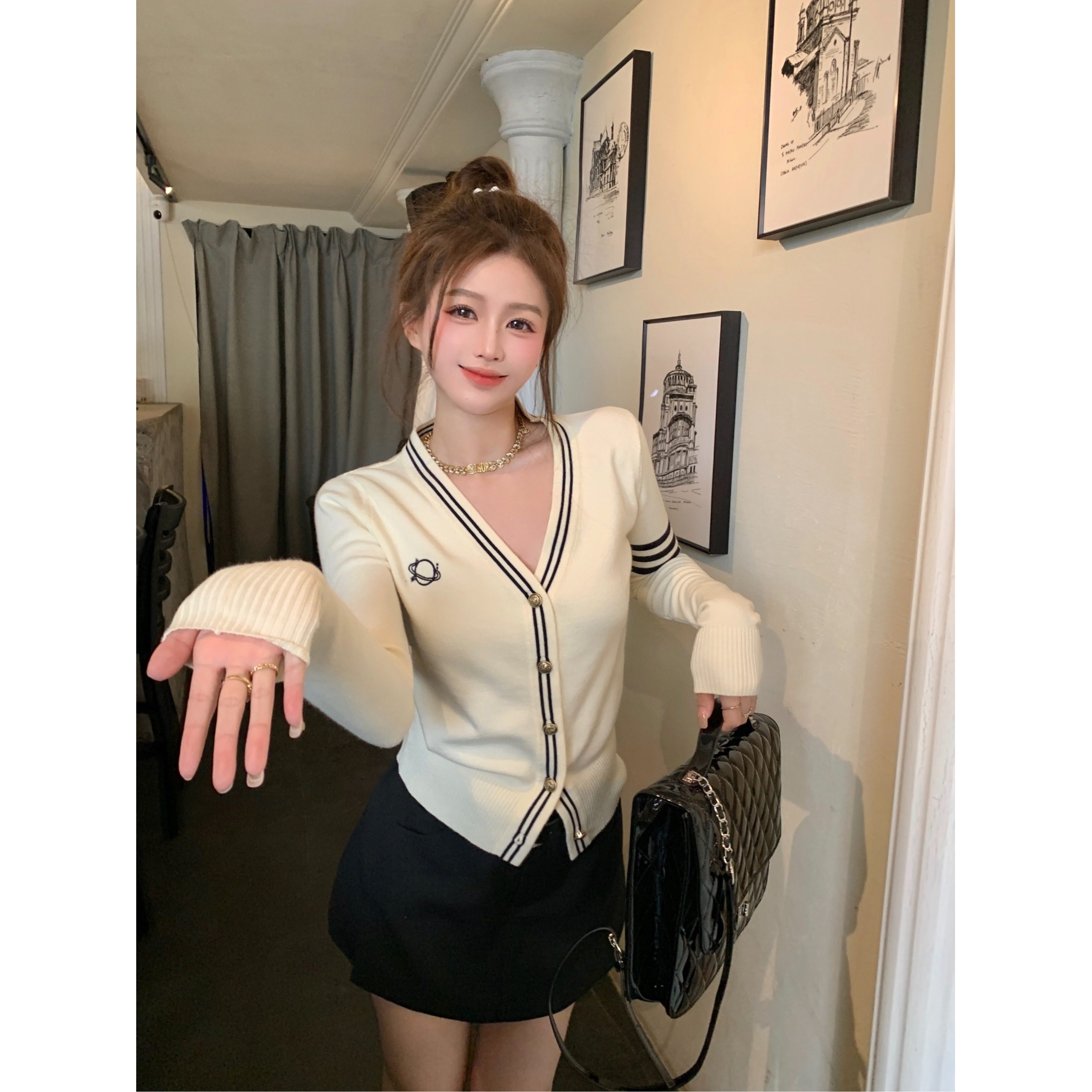 v领气质学院风撞色针织开衫女秋季显瘦长袖外搭修身正肩外套上衣