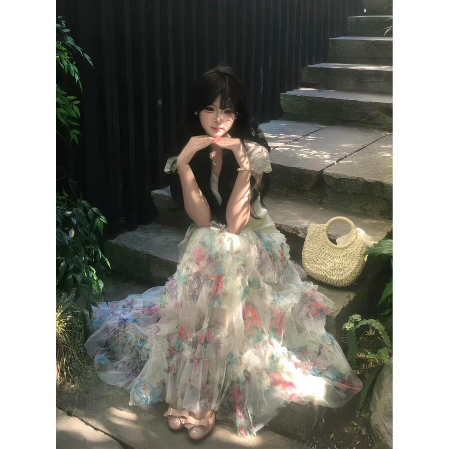 夏季法式V领蕾丝碎花套装裙