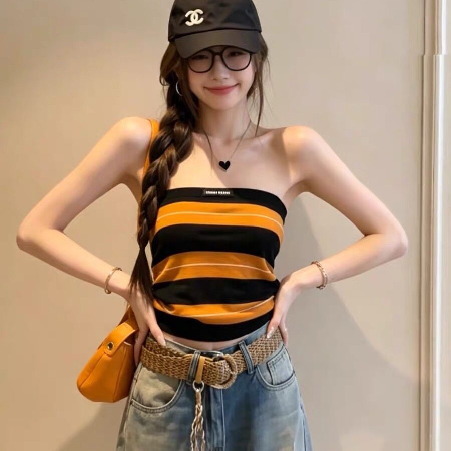 撞色条纹美背抹胸背心夏季显瘦