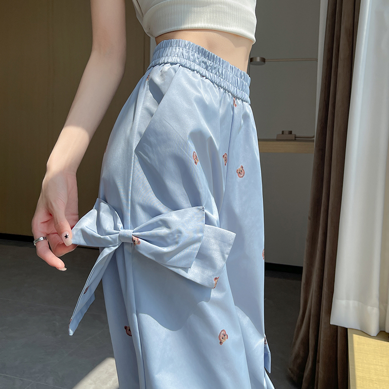 甜美蝴蝶结小熊阔腿裤女2025夏季新款宽松高腰薄款速干休闲工装裤