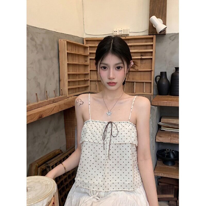 白色波点吊带背心女夏季新款宽松显瘦短款上衣辣妹外穿内搭打底衫