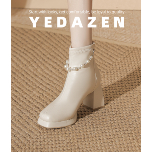 巨好看靴子小众粗跟白色短靴女2025新款小个子高跟鞋新娘绝美婚鞋