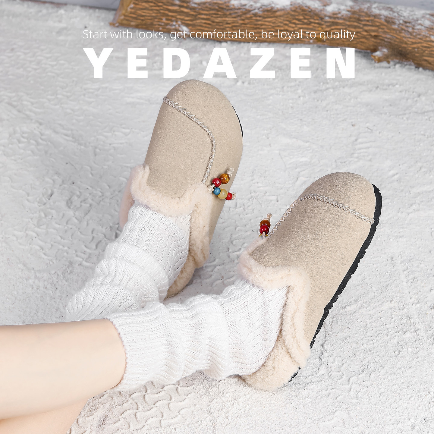 米白色加绒包头勃肯半拖鞋女秋冬外穿厚底懒人内增高超好看毛毛鞋