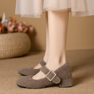 紫色外穿粗跟毛毛鞋秋冬加绒豆豆鞋2025新款晚风仙女温柔单鞋中跟