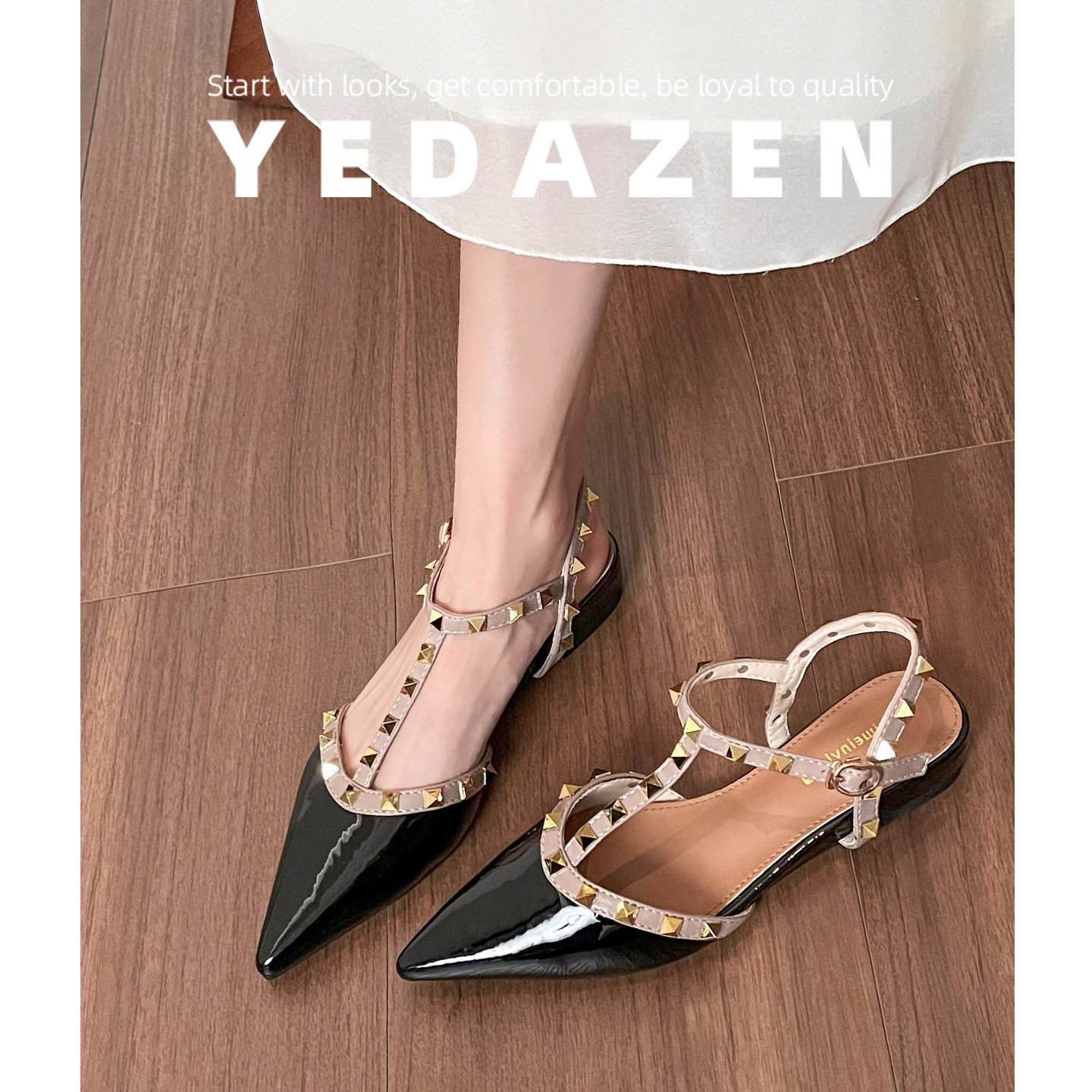 黑色大码尖头罗马凉鞋女2026新款一字带半包头平底玛丽珍铆钉单鞋