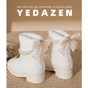 蝴蝶结白色毛毛鞋内增高厚底雪地靴女款2025新款冬季加绒保暖棉鞋