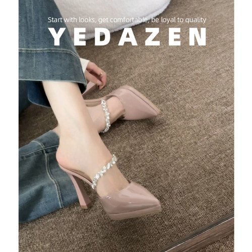 水钻一字带裸色尖头高跟鞋女粗跟2026新款配裙子包头粗跟单鞋半拖
