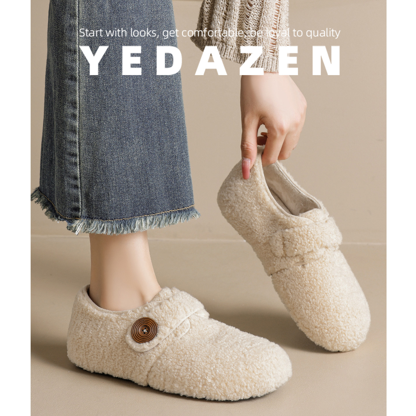 高级感内增高白色外穿毛毛鞋女2025新款冬季圆头平底加绒玛丽珍鞋