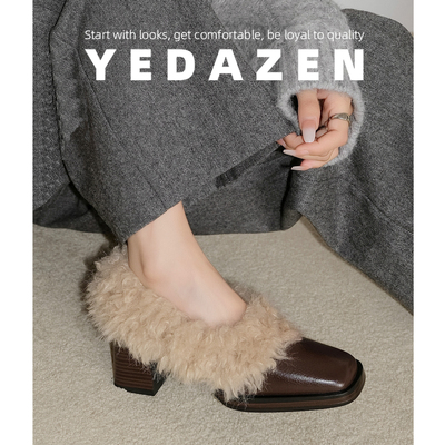 法式不累脚小高跟鞋粗跟方头玛丽珍加绒毛毛鞋女外穿2025新款冬季