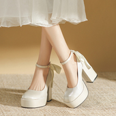 防水台单鞋 小个子白色绸缎高跟鞋 新款 法式 粗跟复古旗袍鞋 2026春季