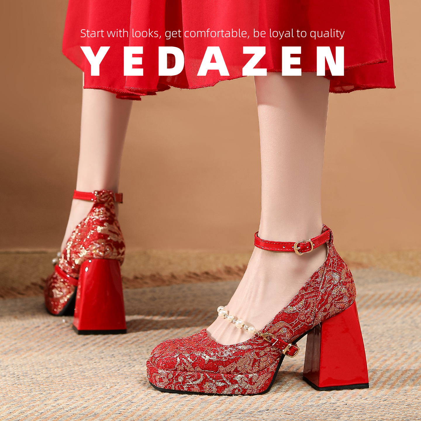 小个子红色婚鞋禾秀婚纱两穿2025新款新娘鞋粗跟中式防水台高跟鞋