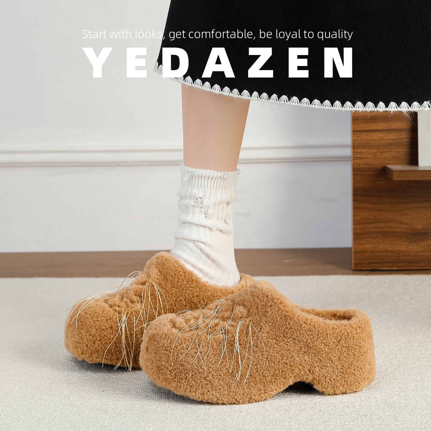 2025超火绝美棕色刺绣羊羔毛毛半拖鞋女秋冬加绒外穿厚底保暖棉鞋