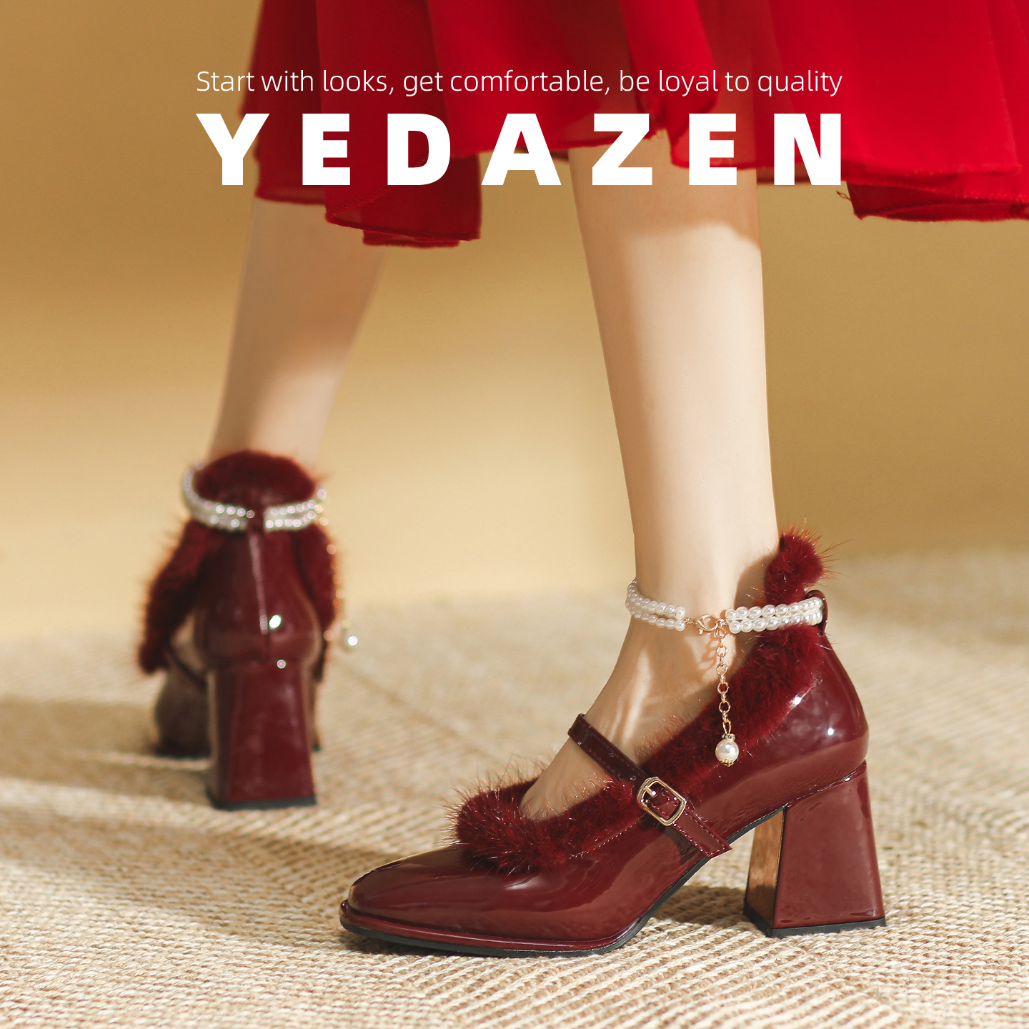 法式仙女水貂毛毛高跟鞋红色玛丽珍婚鞋冬季加绒复古旗袍单鞋粗跟