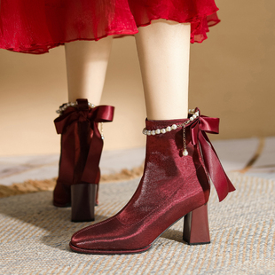 秋冬加绒2025新款 新娘高跟鞋 秀禾婚纱两穿红色粗跟小短靴 婚鞋 法式