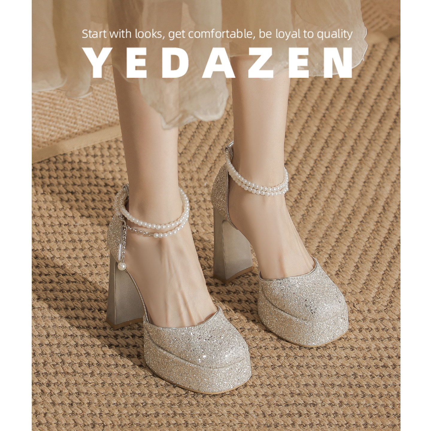 银色凉鞋女2026新款厚底粗跟玛丽珍婚鞋水晶高跟鞋日常可穿伴娘鞋
