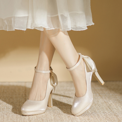 法式圆头高跟鞋粗跟玛丽珍单鞋