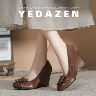 复古风棕色高跟鞋女坡跟法式方扣单鞋2026春季新款小众圆头奶奶鞋