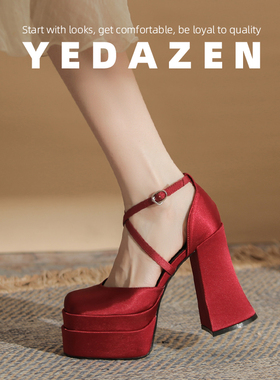 小个子高跟鞋女厚底玛丽珍红色婚鞋新娘鞋新款交叉带中空粗跟单鞋