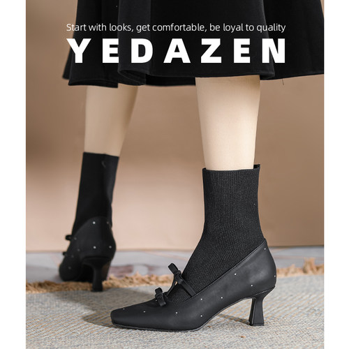 气质黑色短靴女秋冬高级感小个子粗跟水钻靴子针织弹力复古瘦瘦靴