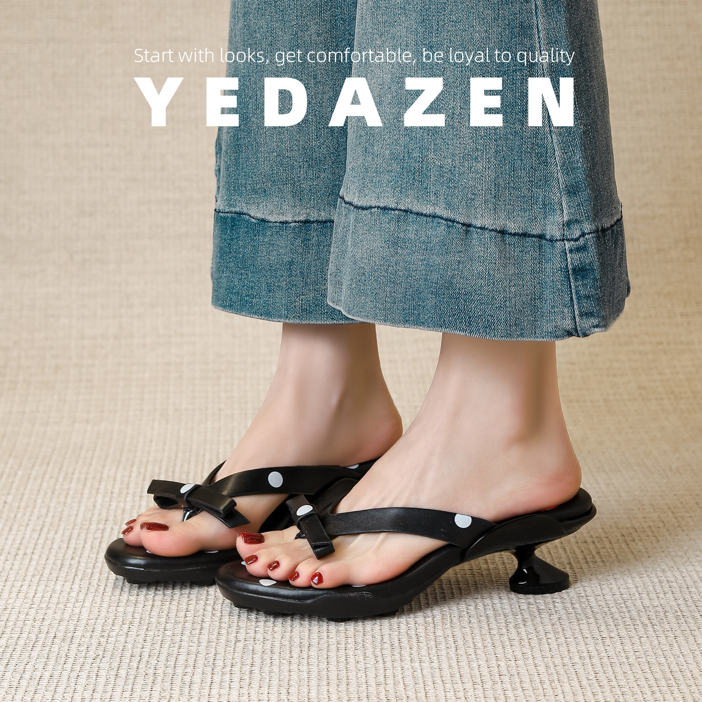 蝴蝶结波点夹趾凉鞋女夏天厚底露趾性感百搭黑色异形高跟法式拖鞋