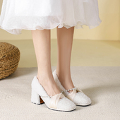 仙女冬加绒外穿棉单鞋 2025新款 法式 白色羊羔毛毛鞋 珍珠高跟鞋 粗跟