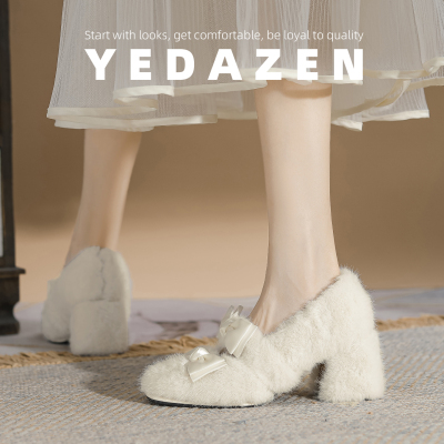 法式蝴蝶结毛毛鞋仙女外穿粗跟白色高跟鞋秋冬加绒方头玛丽珍单鞋