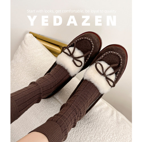 2025超火蝴蝶结玛丽珍毛毛鞋女外穿加绒新款平底乐福鞋百搭豆豆鞋