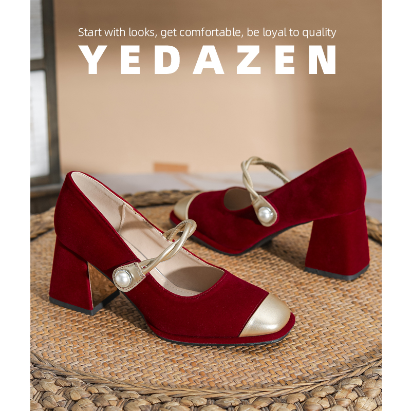 法式红色方头高跟鞋女粗跟绝美不累脚新娘敬酒服主纱婚鞋2025新款