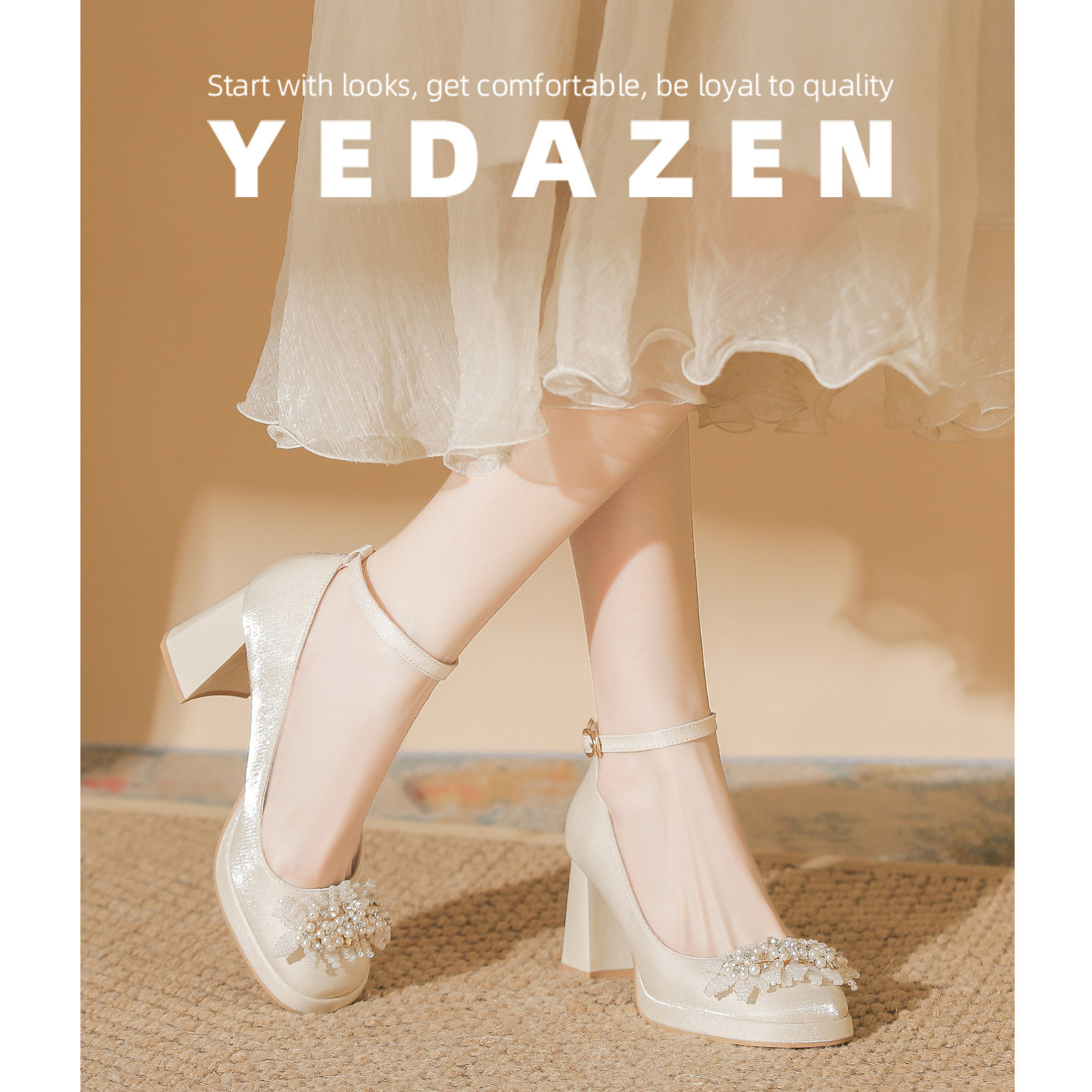一字带珍珠高跟鞋女粗跟不累脚婚鞋新娘鞋日常可穿伴娘鞋2025新款