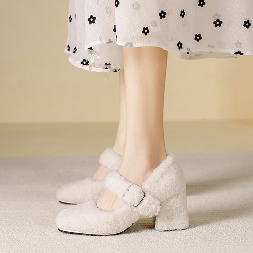 法式玛丽珍毛毛鞋冬季加绒高跟鞋