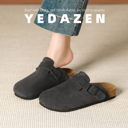 牛皮版~一脚蹬灰色软木勃肯鞋女厚底懒人外穿包头半拖鞋2025新款