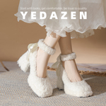 白色玛丽珍厚底羊羔毛毛鞋高级感外穿粗跟防水台高跟鞋秋冬加绒女