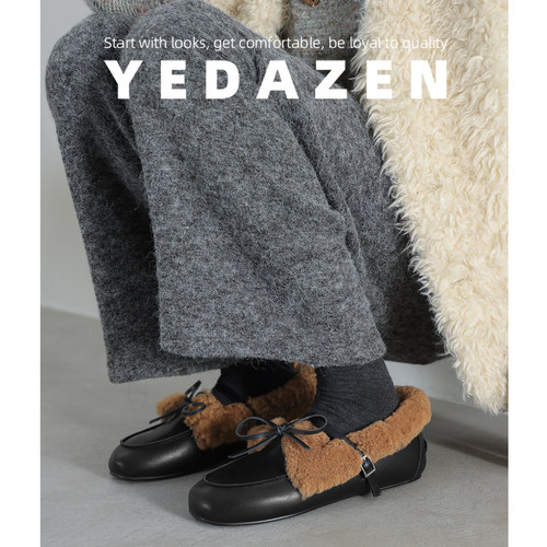 2025超火巨好看蝴蝶结毛毛鞋女冬外穿新款黑色玛丽珍加绒保暖单鞋