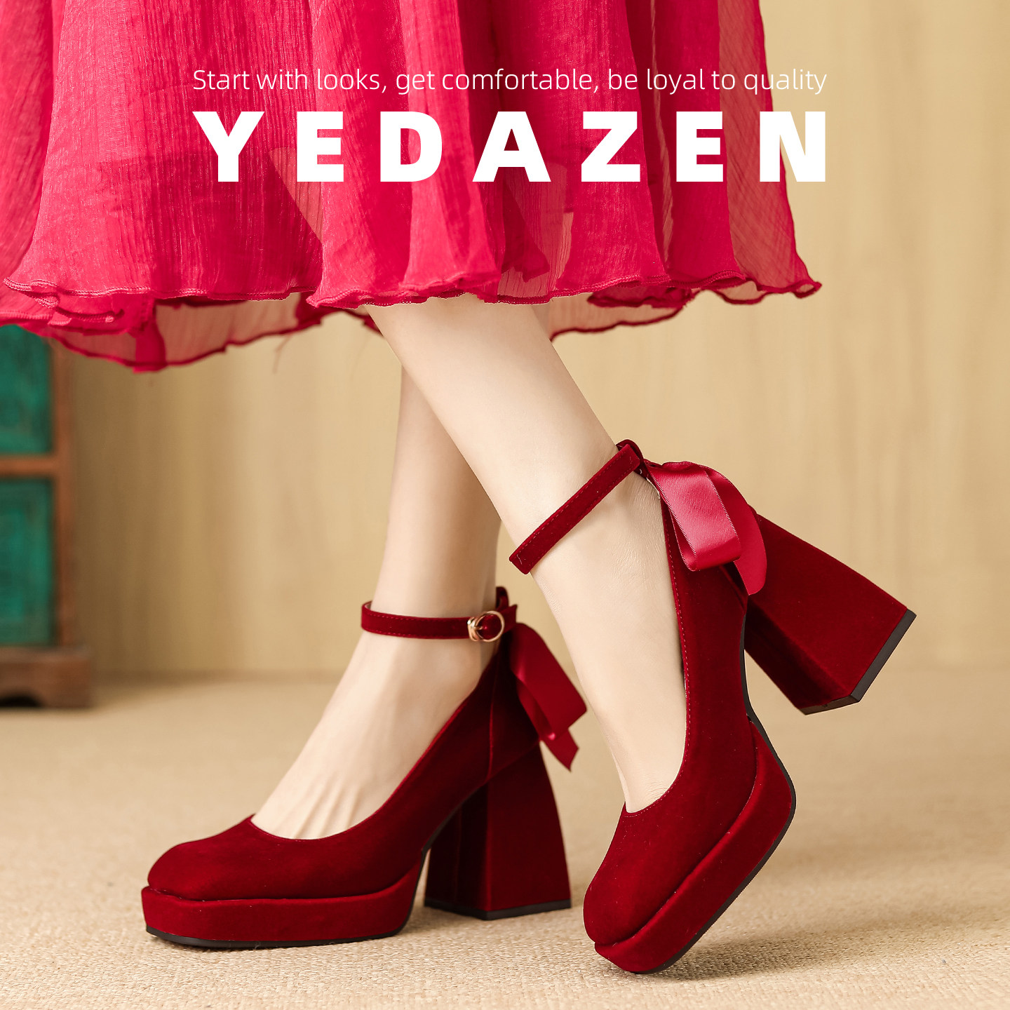 绝美不累脚龙凤褂婚鞋禾秀婚纱两穿防水台红色玛丽珍高跟鞋粗跟女