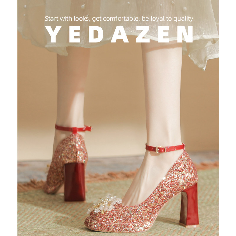 新娘不累脚红色婚鞋禾秀婚纱两穿2026新款防水台水钻高跟鞋女粗跟