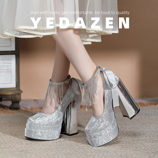 增高15CM恨天高跟鞋女粗跟银色礼服防水台绝美厚底水晶钻伴娘婚鞋