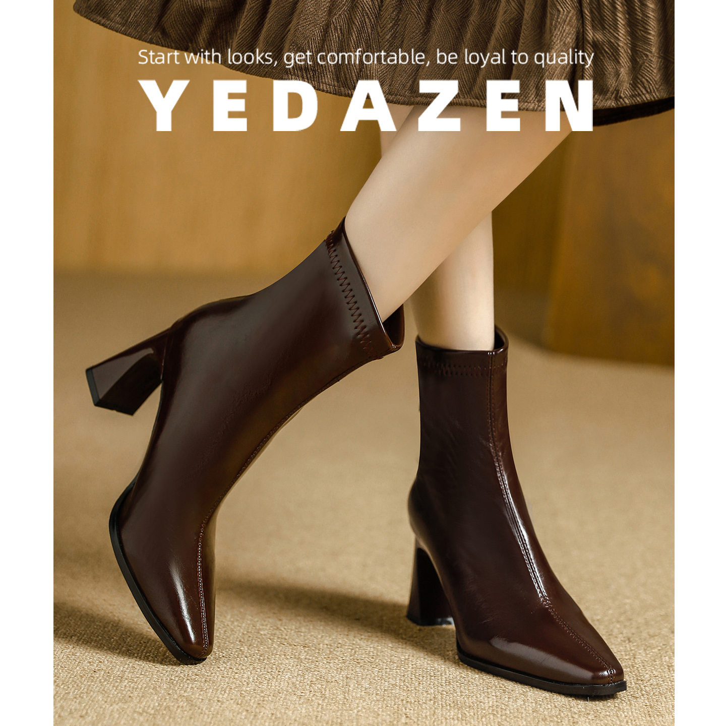 法式美拉德粗跟棕色短靴女2025新款秋冬气质方头瘦瘦靴高跟马丁靴