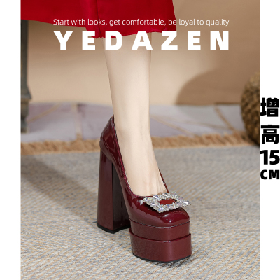 15CM防水台超高跟鞋女高级感水钻新娘婚鞋秀禾鞋粗跟法式方扣单鞋