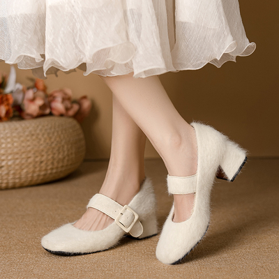 高级感水貂毛毛高跟玛丽珍鞋粗跟