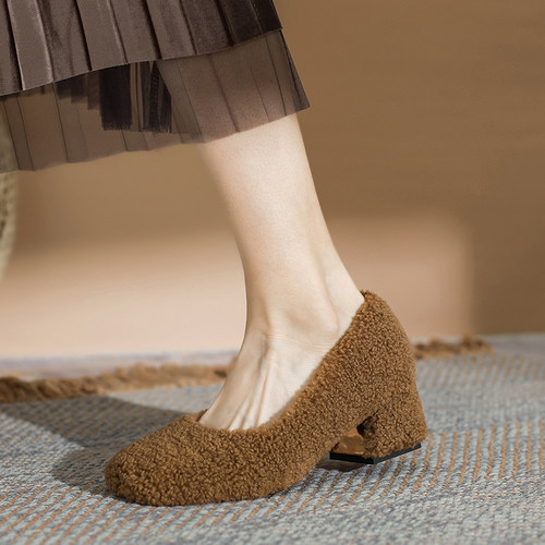 网红单鞋新款复古风粗跟奶奶鞋