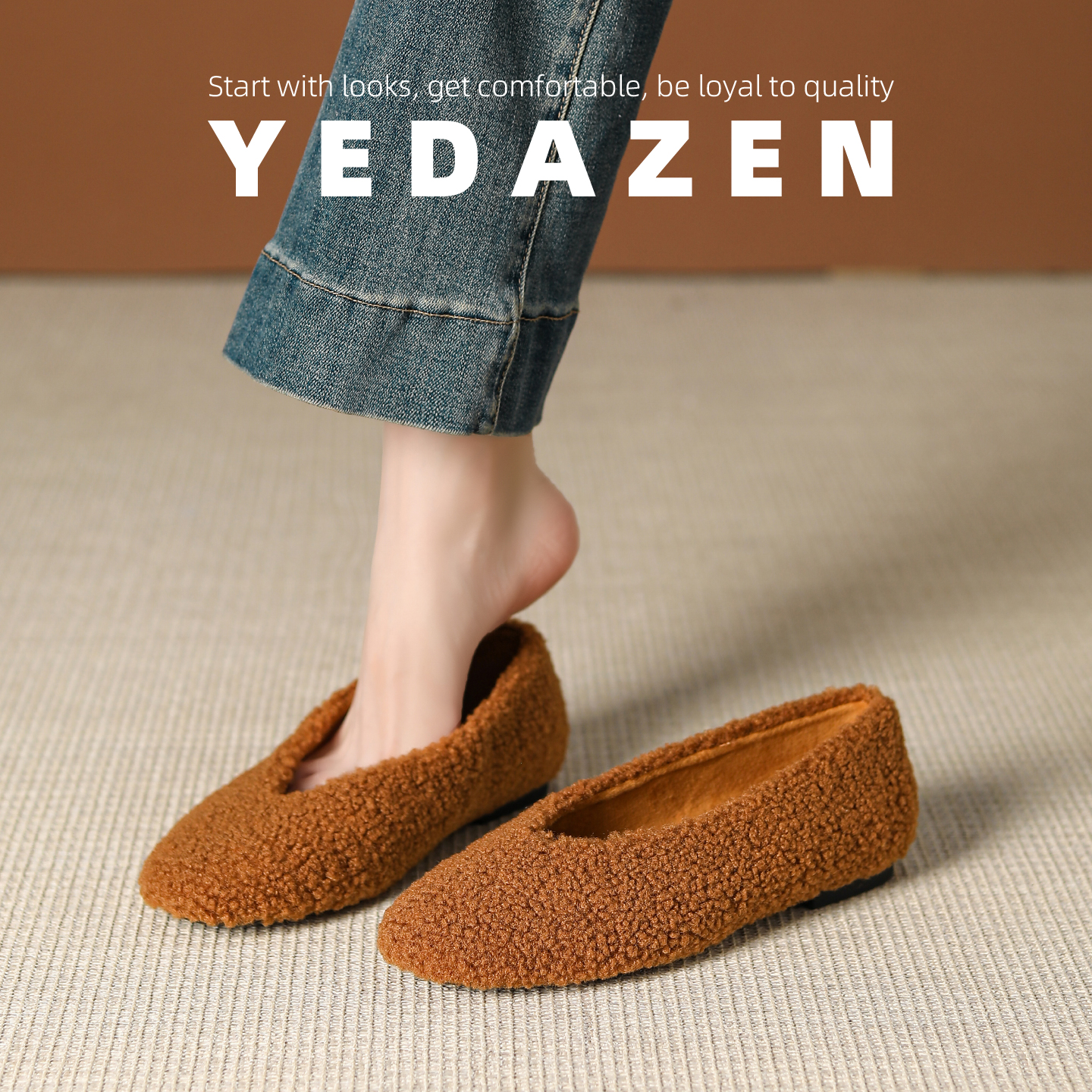 一脚蹬豆豆毛毛鞋女冬天外穿保暖加绒棕色平底芭蕾单鞋复古奶奶鞋