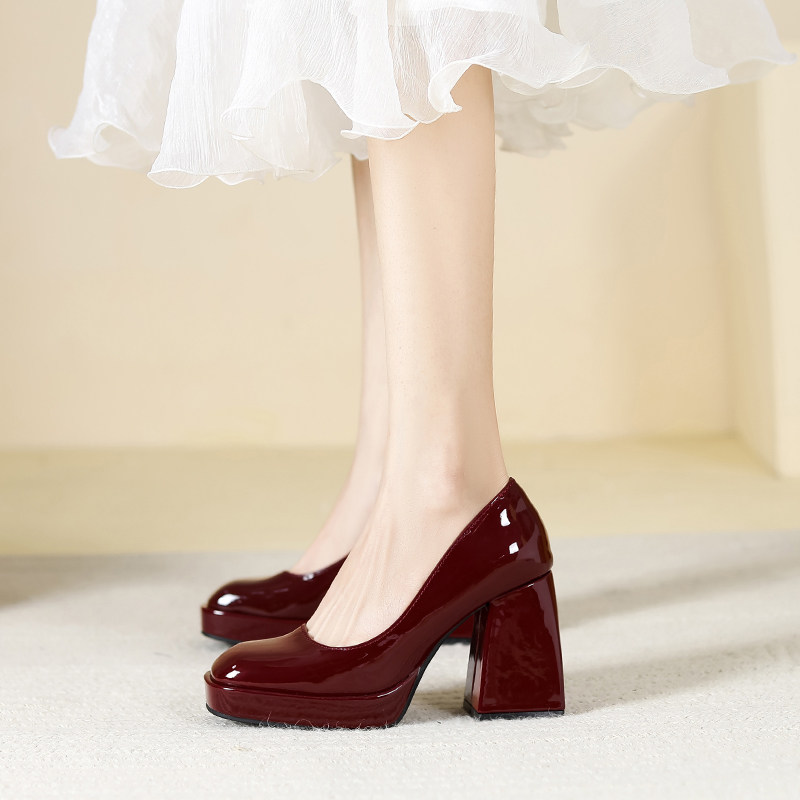 小个子超高跟鞋女粗跟法式红色方头结婚鞋2023新款防水台漆皮单鞋,女鞋,浅口单鞋,淘宝优惠券,粉丝福利购,淘宝优惠卷