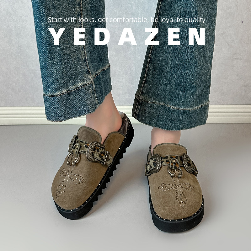 原创小众设计勃肯鞋女夏外穿十字架铆钉马毛真牛皮厚底包头半拖鞋