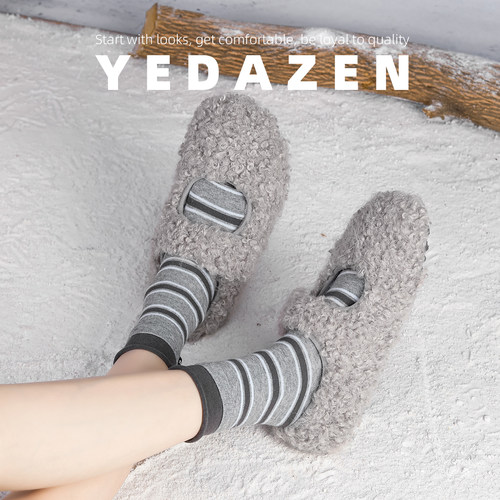 绝美灰色玛丽珍毛毛鞋女秋冬外穿加绒魔术贴面包保暖棉鞋2025新款