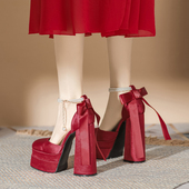 包头中空单鞋 15CM恨天高跟鞋 新款 法式 粗跟防水台红色婚鞋 2026春季
