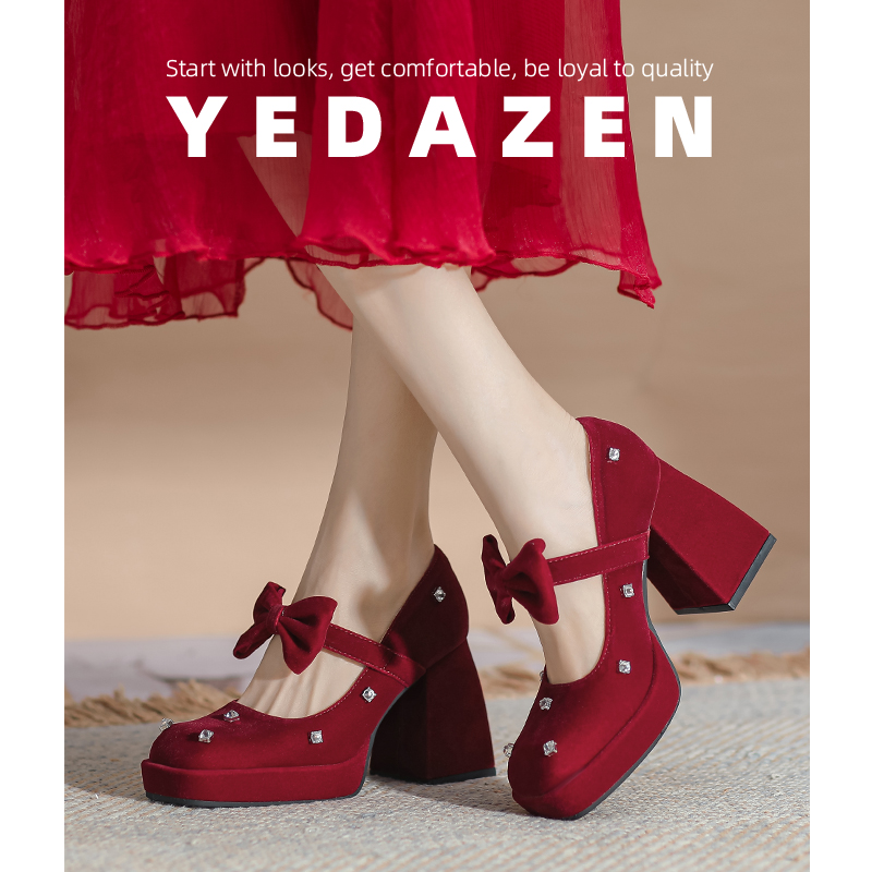 高级感水钻高跟秀禾婚鞋新娘鞋2025新款防水台蝴蝶结粗跟法式单鞋