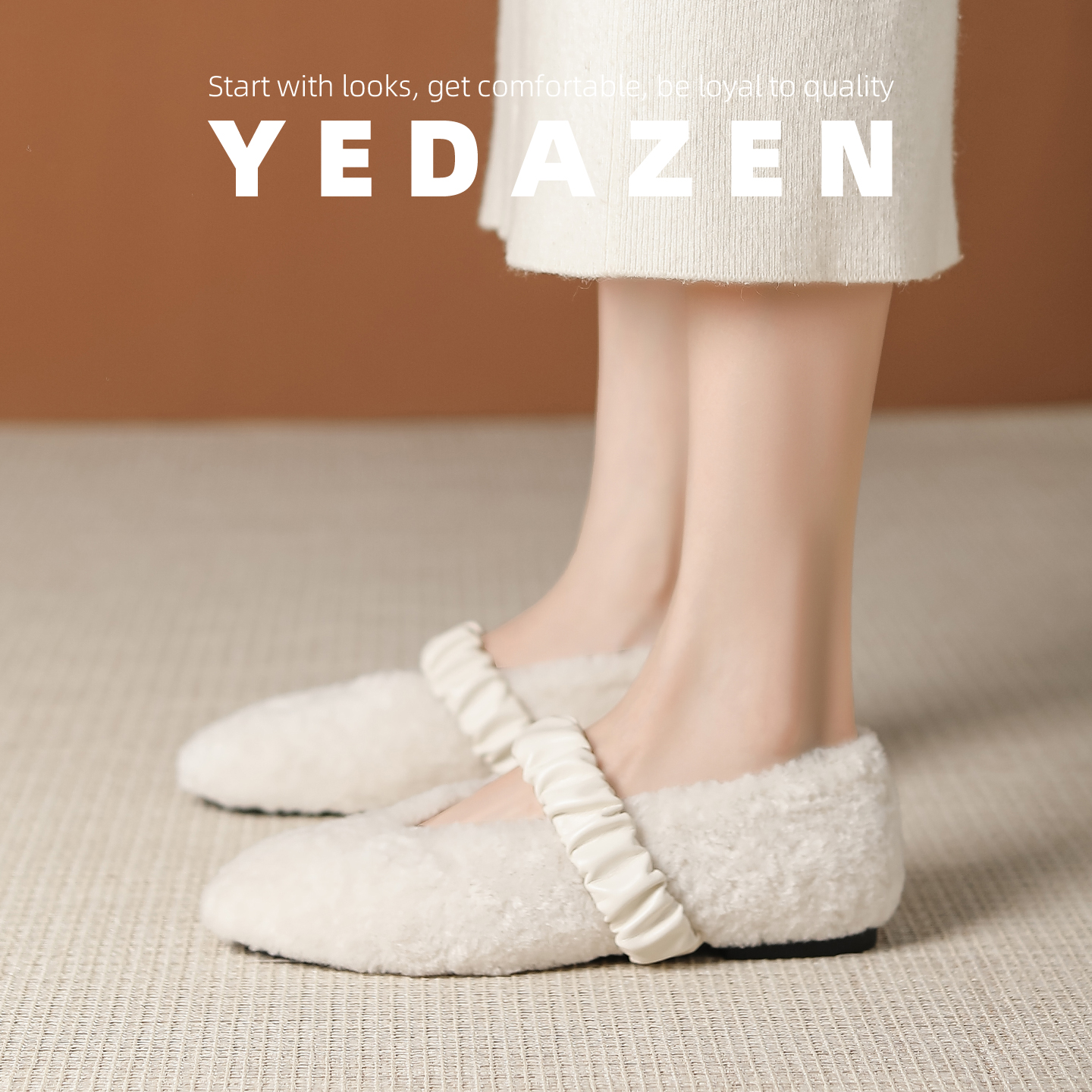 一脚蹬绝美白色玛丽珍毛毛鞋女外穿秋冬加绒平底保暖棉鞋2025新款