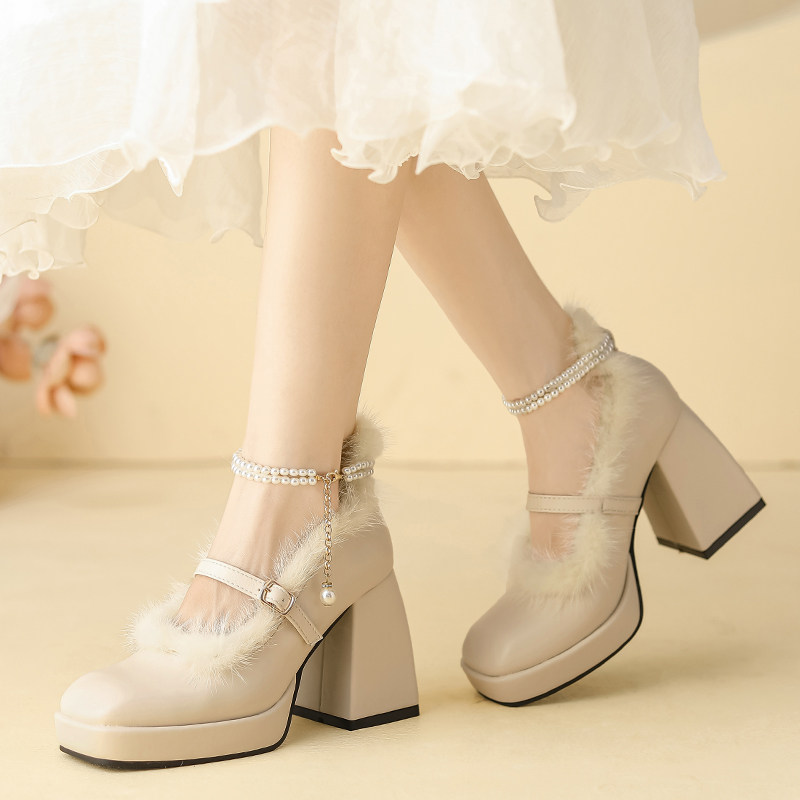 法式防水台高跟鞋仙女秋冬外穿加绒高级感毛毛鞋粗跟玛丽珍珠单鞋