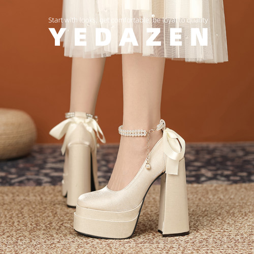 小个子白色超高跟鞋防水台粗跟法式伴娘鞋玛丽珍珠鞋仙女温柔单鞋