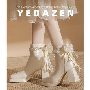 超火厚底短靴粗跟婚靴2025新款蝴蝶结白色高跟鞋女绝美婚鞋新娘鞋